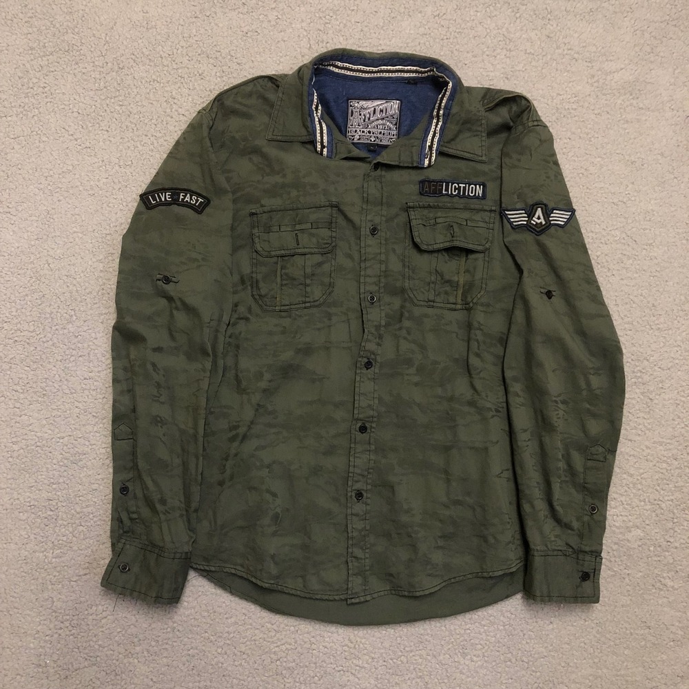Y2K Affliction Black Premium Olive Green Camo Patch Button Up Shirt Mens Large